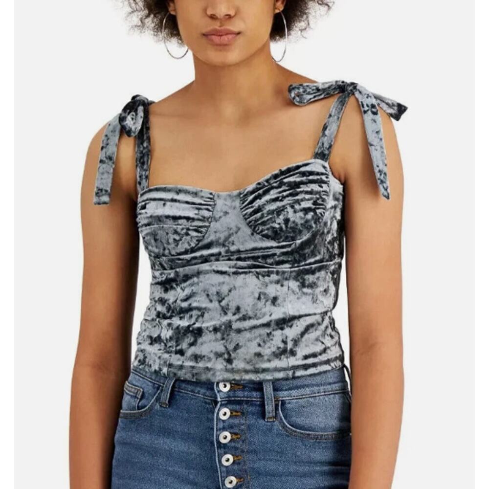 Leyden Velvet Bustier Top Medium Gray Sleeveless Ruched Tie Shoulder Coquette